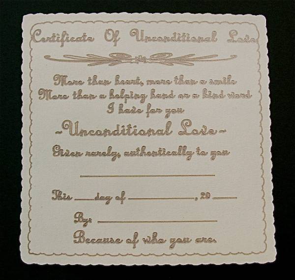 Unconditional Love Certificate Inside Card