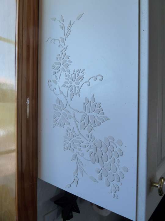 Stenciled Cabinet using Joint Compound