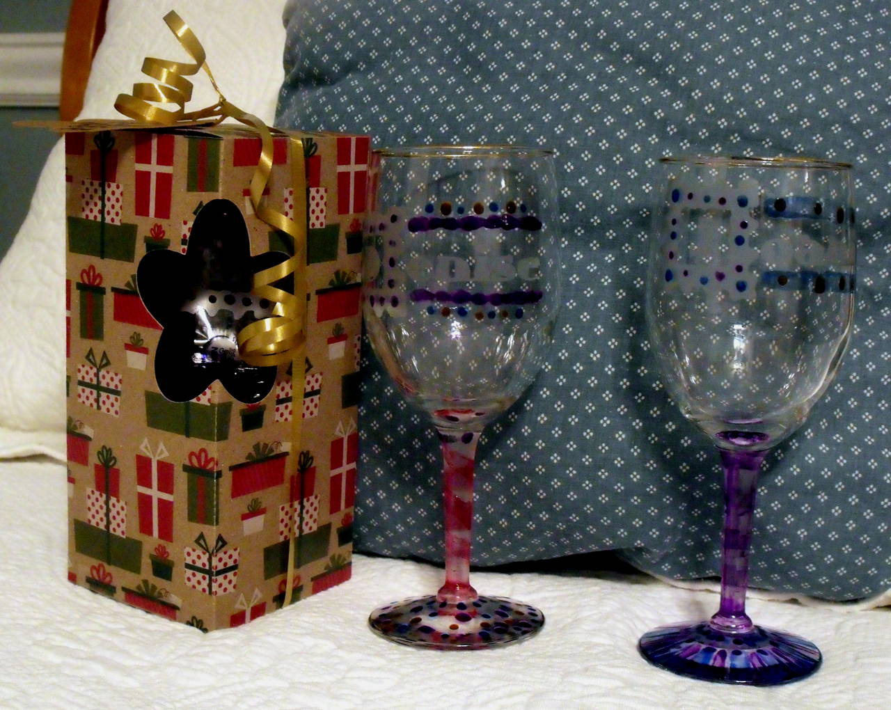 Etched/painted wine glasses and box