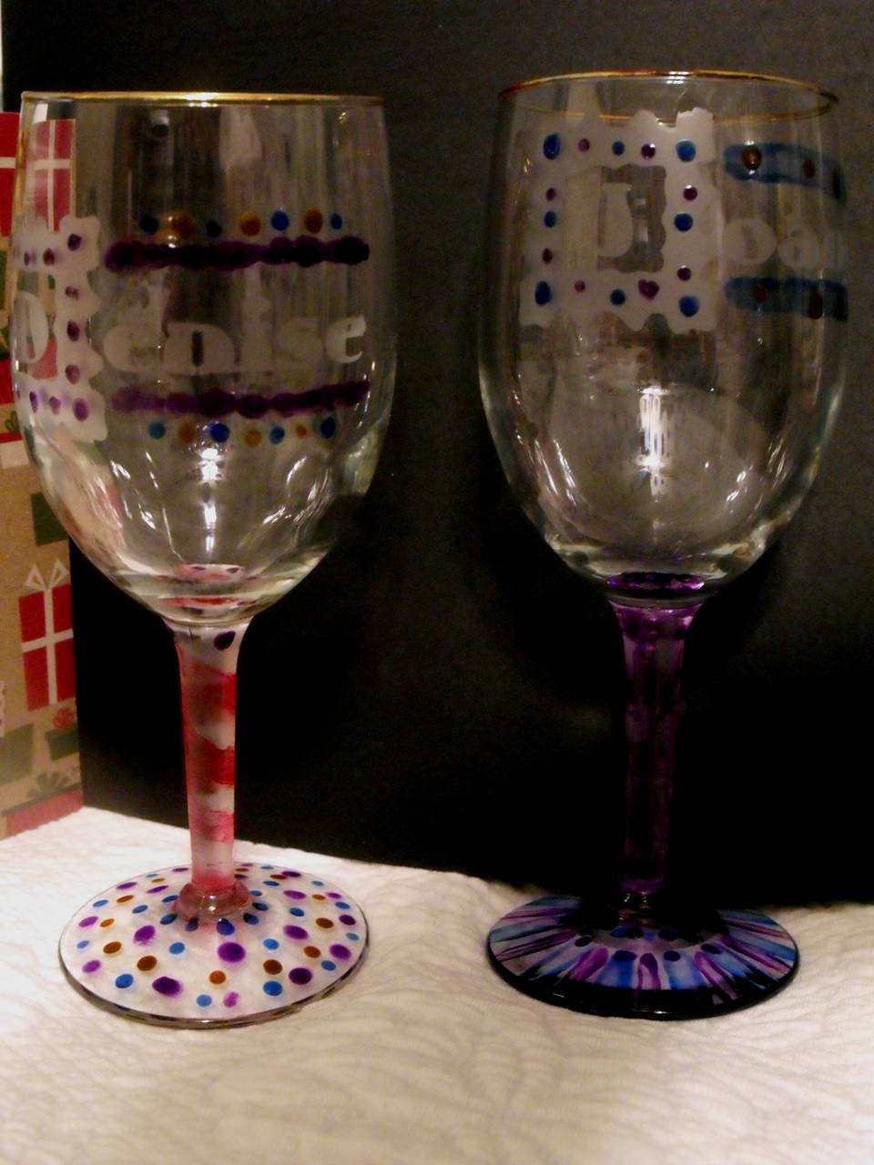 Etched/painted wine glasses and box