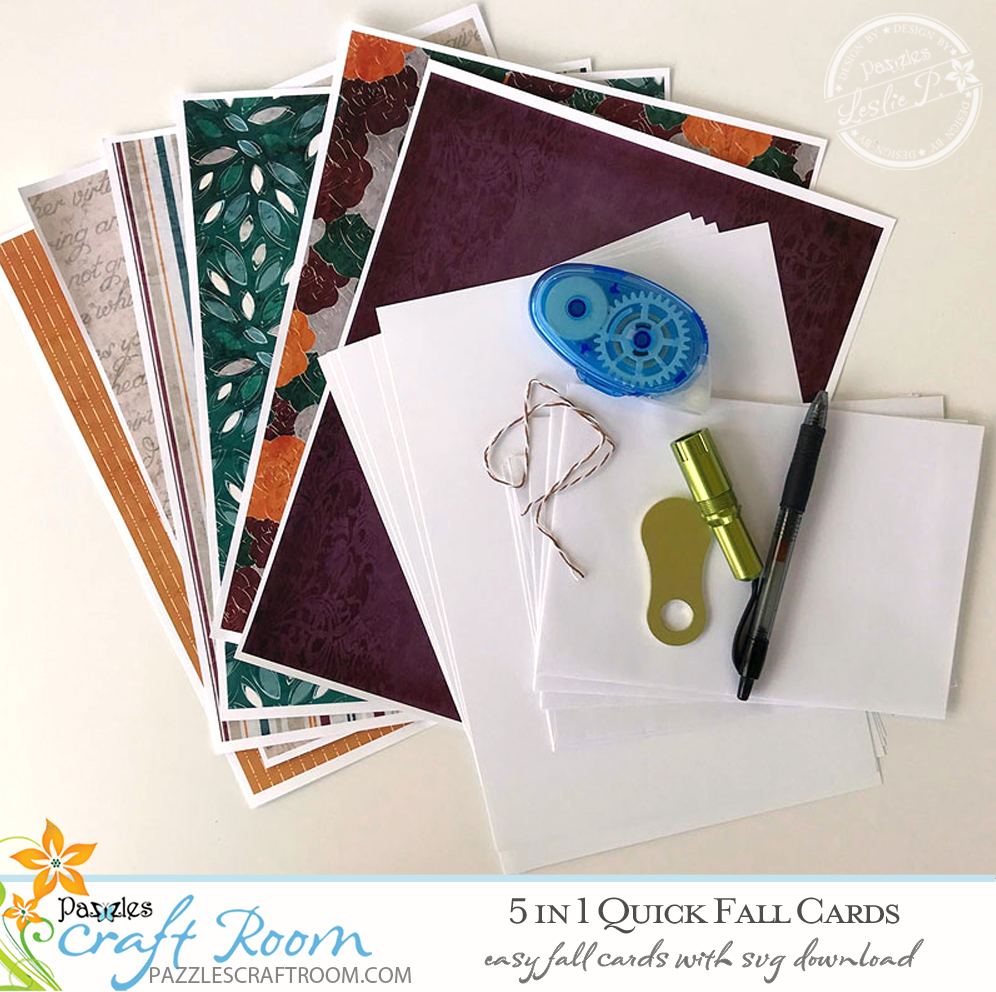 Pazzles DIY 5 Quick Fall Cards with instant SVG download. Compatible with all major electronic cutters including Pazzles Inspiration, Cricut, and SIlhouette Cameo. Design by Leslie Peppers.