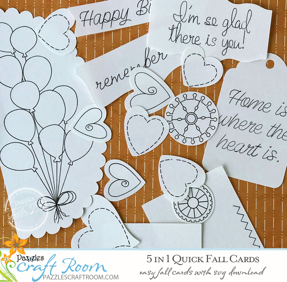 Pazzles DIY 5 Quick Fall Cards with instant SVG download. Compatible with all major electronic cutters including Pazzles Inspiration, Cricut, and SIlhouette Cameo. Design by Leslie Peppers.