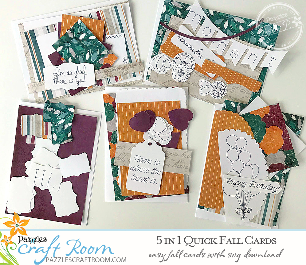 Pazzles DIY 5 Quick Fall Cards with instant SVG download. Compatible with all major electronic cutters including Pazzles Inspiration, Cricut, and SIlhouette Cameo. Design by Leslie Peppers.