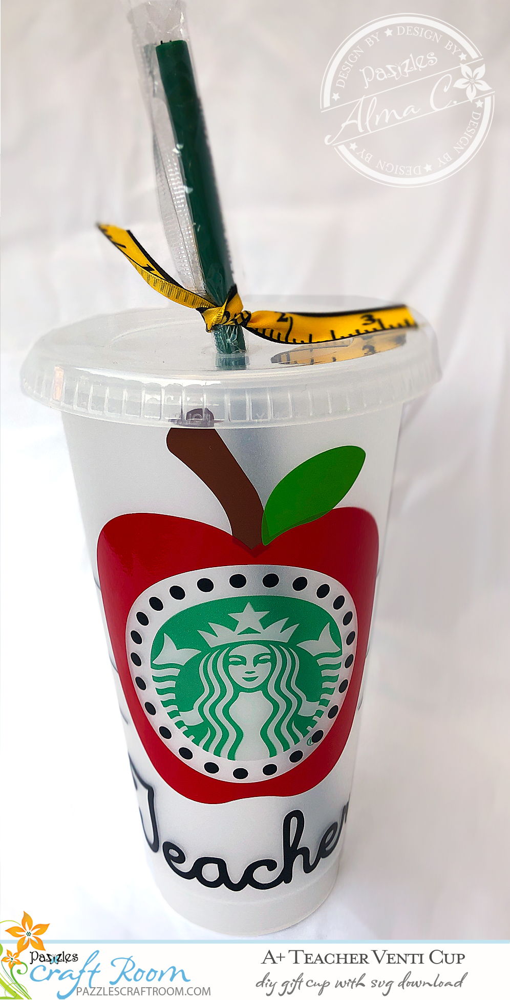Pazzles DIY Coffee Cup Teacher Gift with instant SVG download. Compatible with all major electronic cutters including Pazzles Inspiration, Cricut, and Silhouette Cameo. Design by Alma Cervantes.