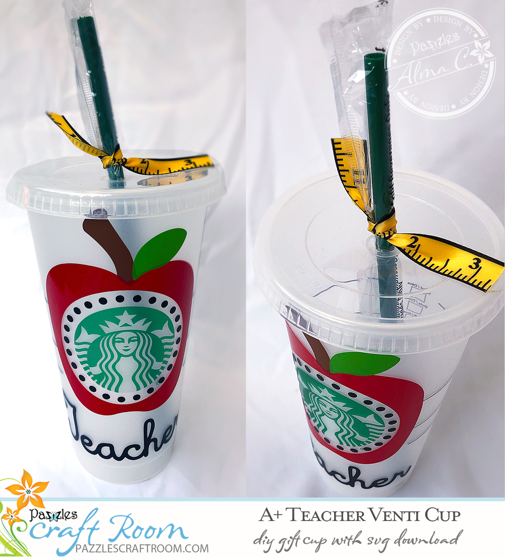 Pazzles DIY Coffee Cup Teacher Gift with instant SVG download. Compatible with all major electronic cutters including Pazzles Inspiration, Cricut, and Silhouette Cameo. Design by Alma Cervantes.