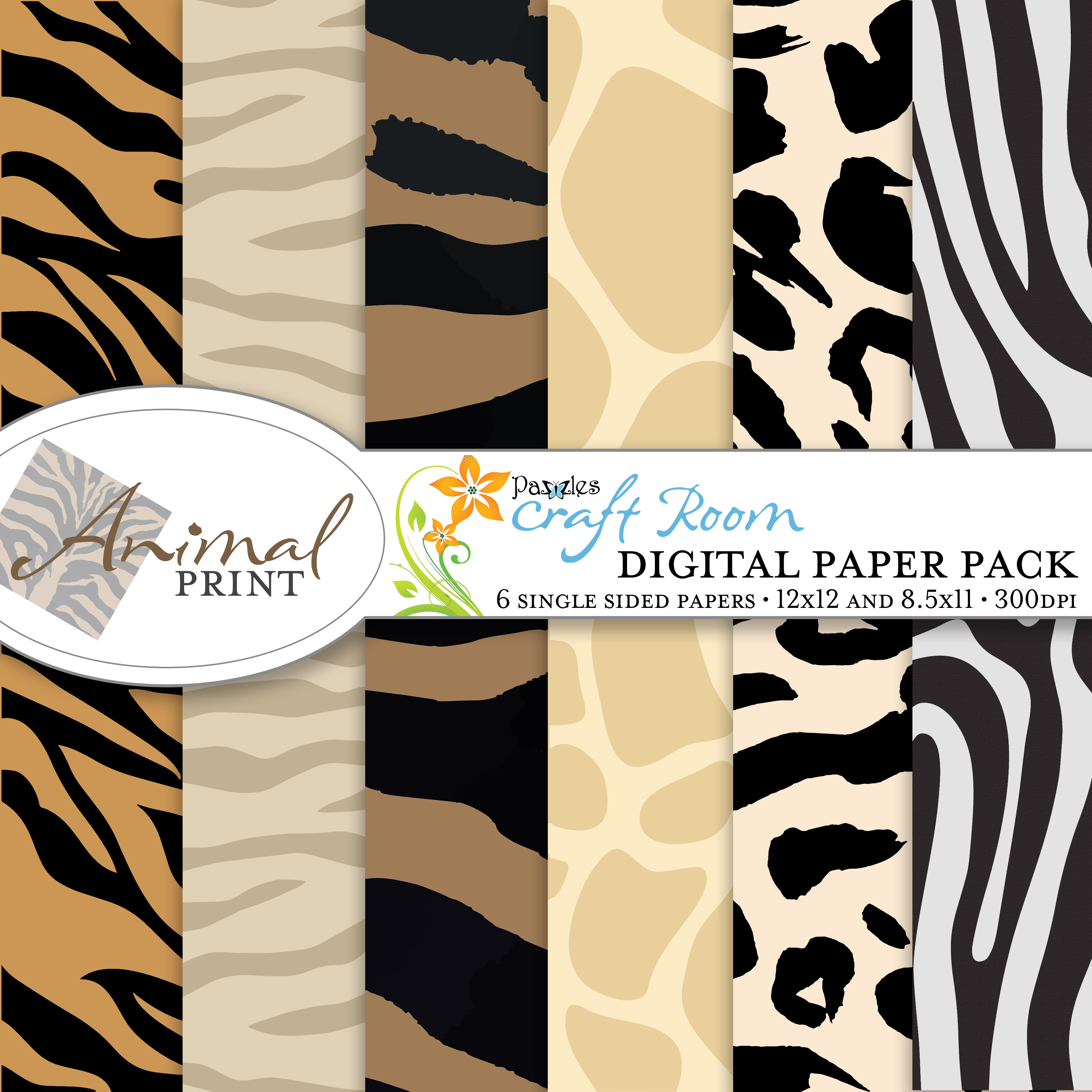 Pazzles Animal Print Digital Paper Pack with instant download. 