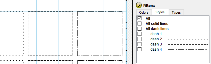 New line style filtering options in the cut control panel allow you to filter by dash line patterns.