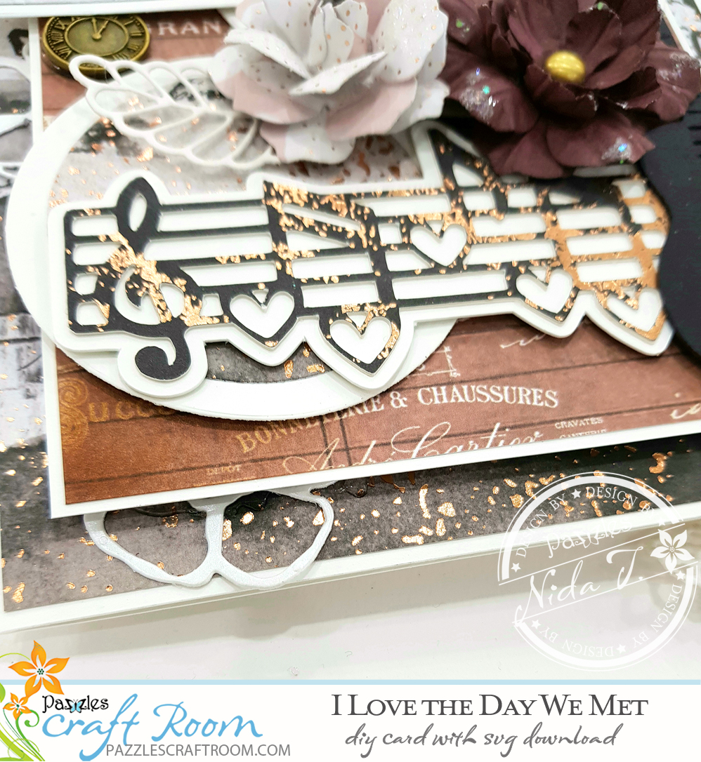 Pazzles DIY Music Love Handmade Card with instant SVG download. Compatible with all major electronic cutters including Pazzles Inspiration, Cricut, and Silhouette Cameo. Design by Nida Tanweer.