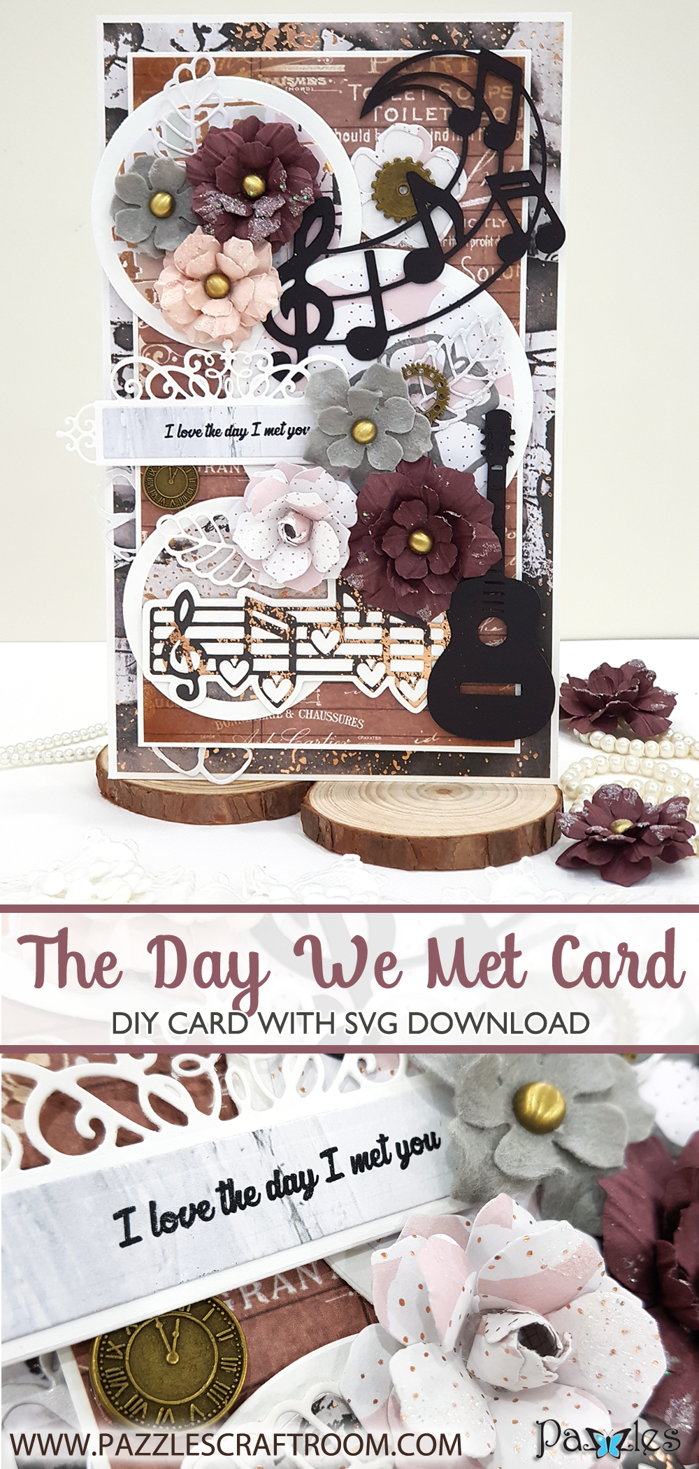 Pazzles DIY Music Love Handmade Card with instant SVG download. Compatible with all major electronic cutters including Pazzles Inspiration, Cricut, and Silhouette Cameo. Design by Nida Tanweer.