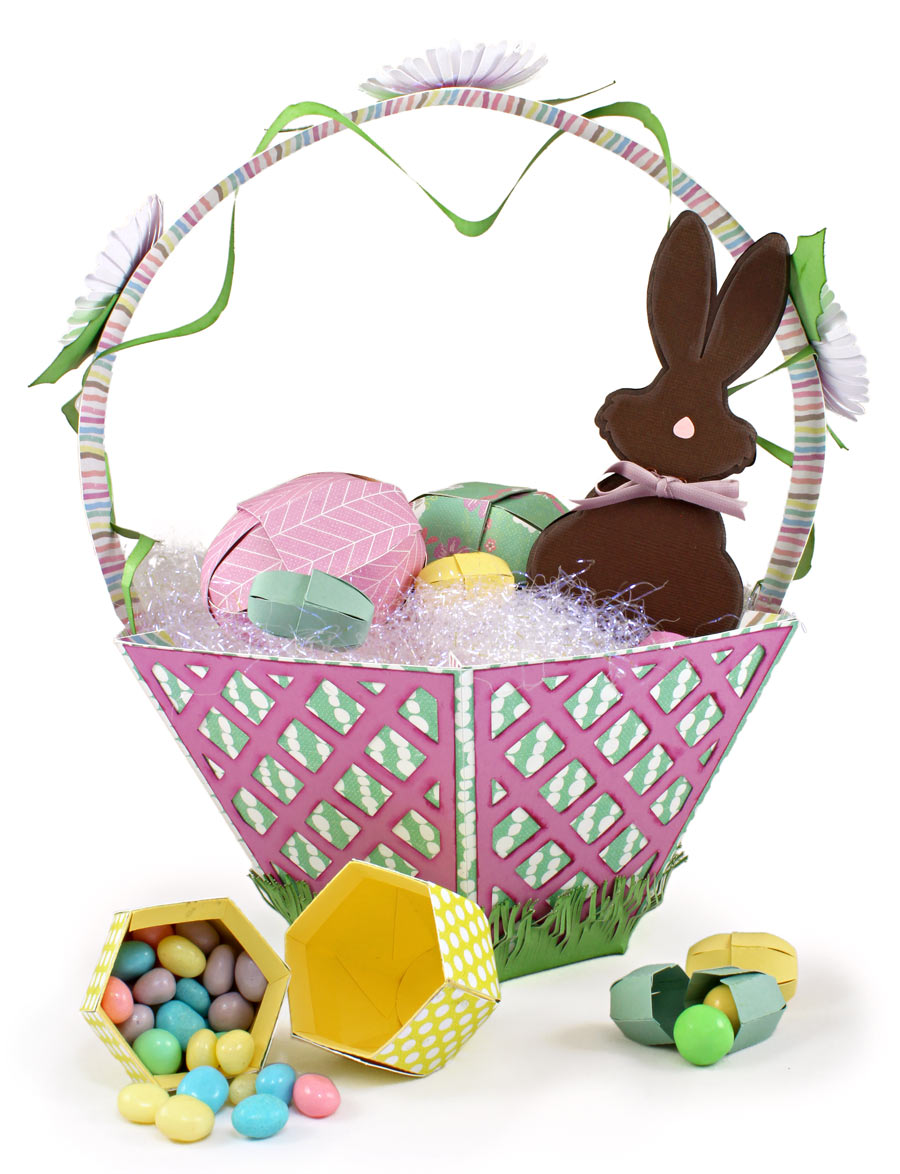 Paper Easter Basket with Eggs, Jellybeans, and Chocolate Bunny