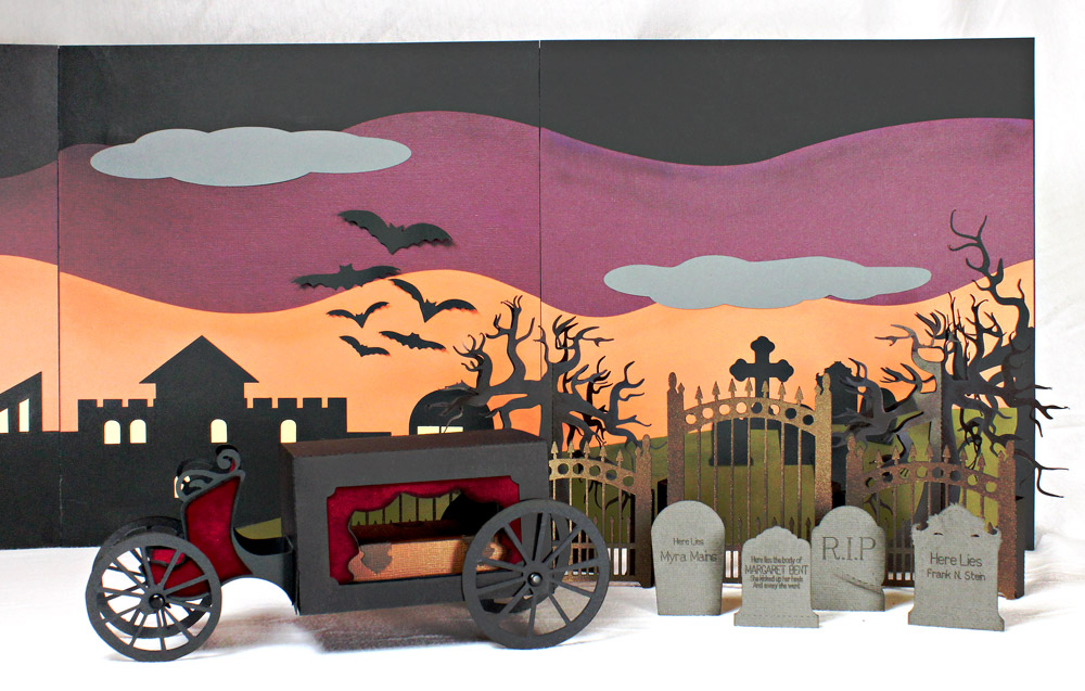 Haunted Villiage with Graveyard, Trees, Headstone, Fence, and Horseless Hearse