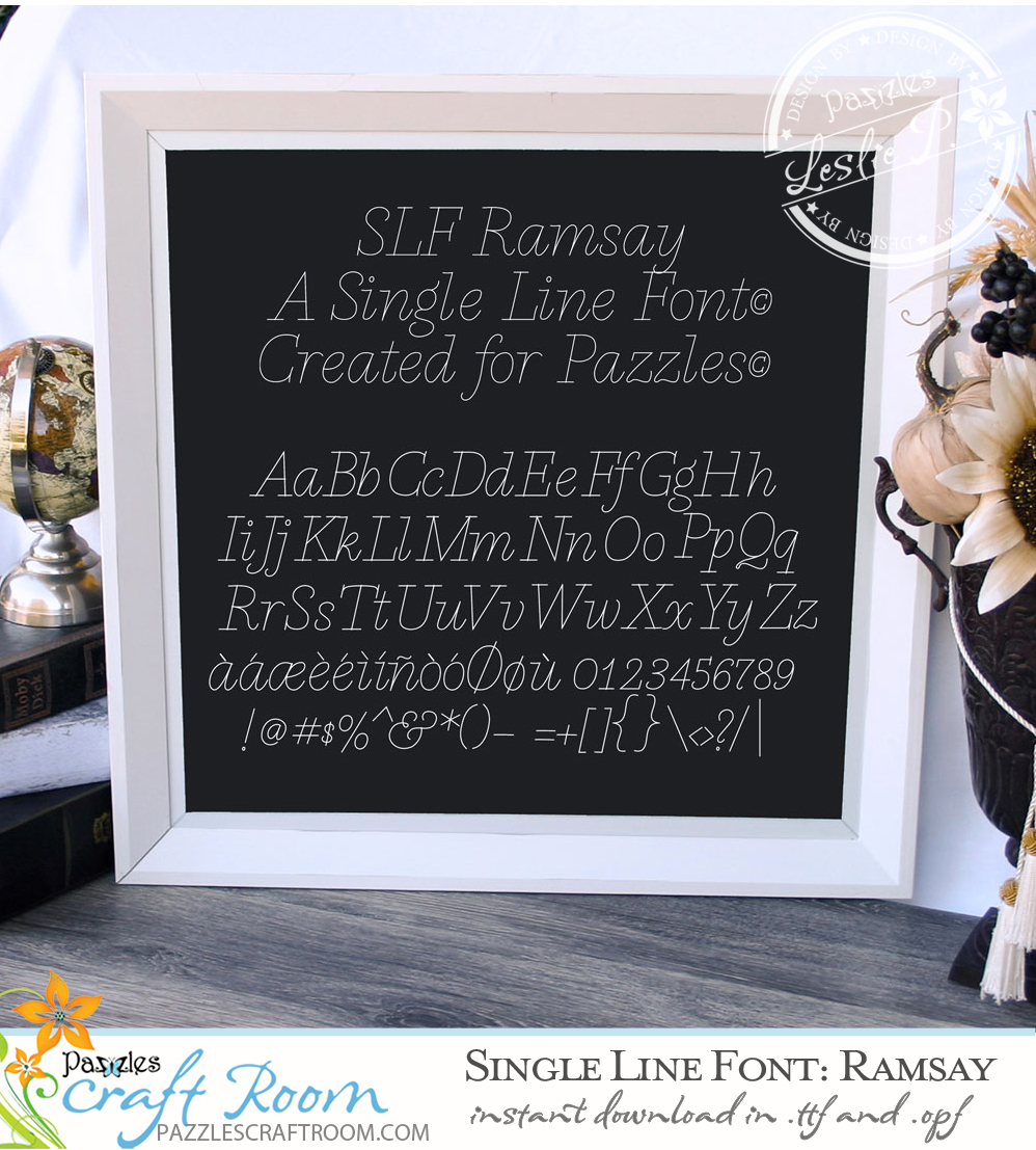 Pazzles Ramsay Single Line Font. True Type font with instant download in .ttf and .opf. Fantastic for journaling and engraving. Design by Leslie Peppers.