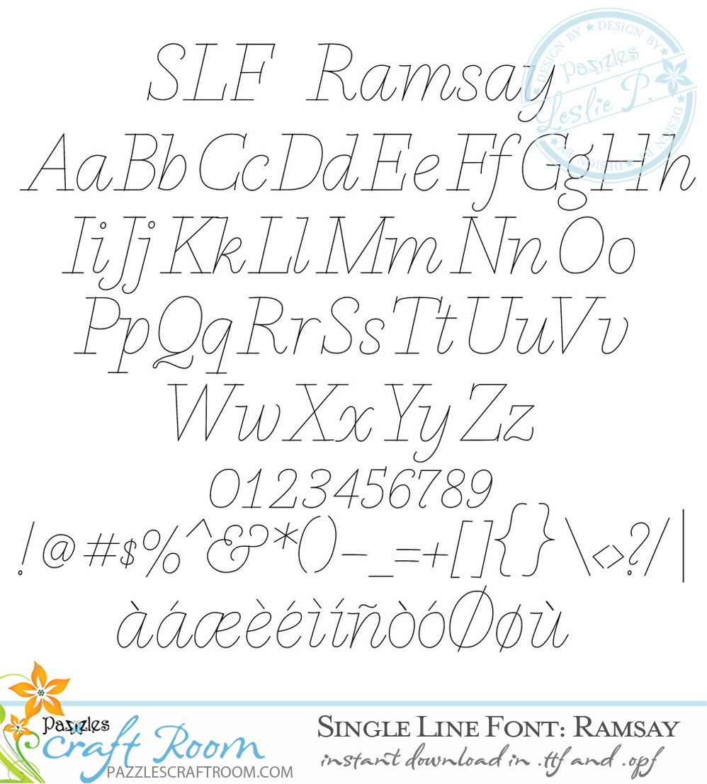 Pazzles Ramsay Single Line Font. True Type font with instant download in .ttf and .opf. Fantastic for journaling and engraving. Design by Leslie Peppers.