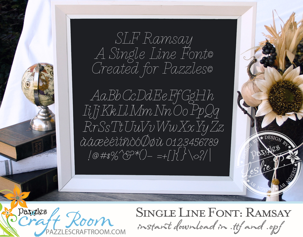 Pazzles Ramsay Single Line Font. True Type font with instant download in .ttf and .opf. Fantastic for journaling and engraving. Design by Leslie Peppers.