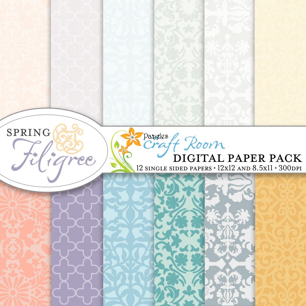 Pazzles DIY Spring Filigree digital paper pack with instant download.