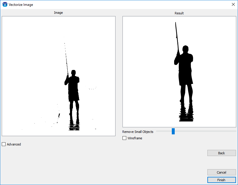 The Vectorize Image window allows you to preview vectorization results, tweak settings, view a wireframe representation, and remove small artifacts.