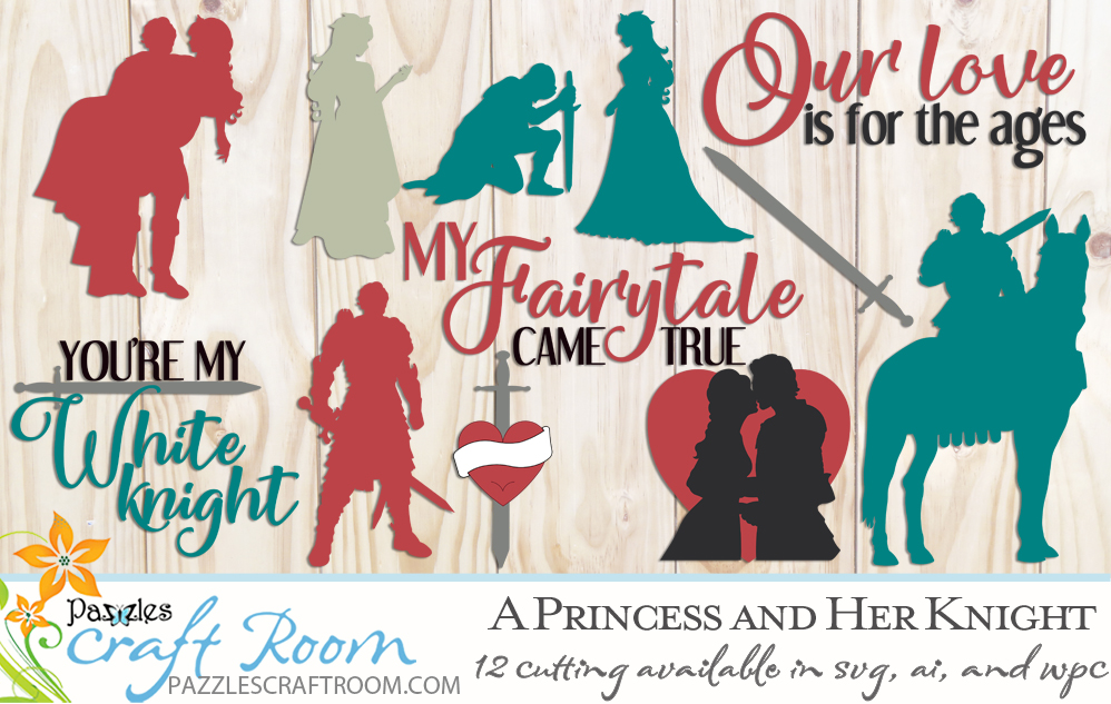 A Princess and Knight svg cutting files collection. Instant download SVG, AI, or WPC. Compatible with all major electronic cutters including Pazzles Inspiration, Circut, and Silhouette Cameo. Design by Amanda Vander Woude.