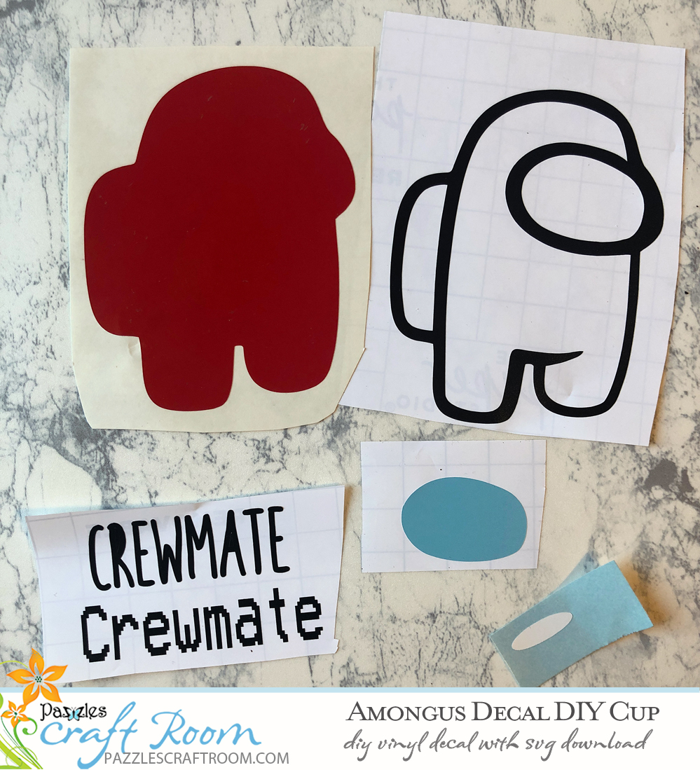 Among Us DIY Decal Cup with instant SVG download. Instant SVG download compatible with all major electronic cutters including Pazzles Inspiration, Cricut, and Silhouette Cameo. Design by Alma Cervantes. 