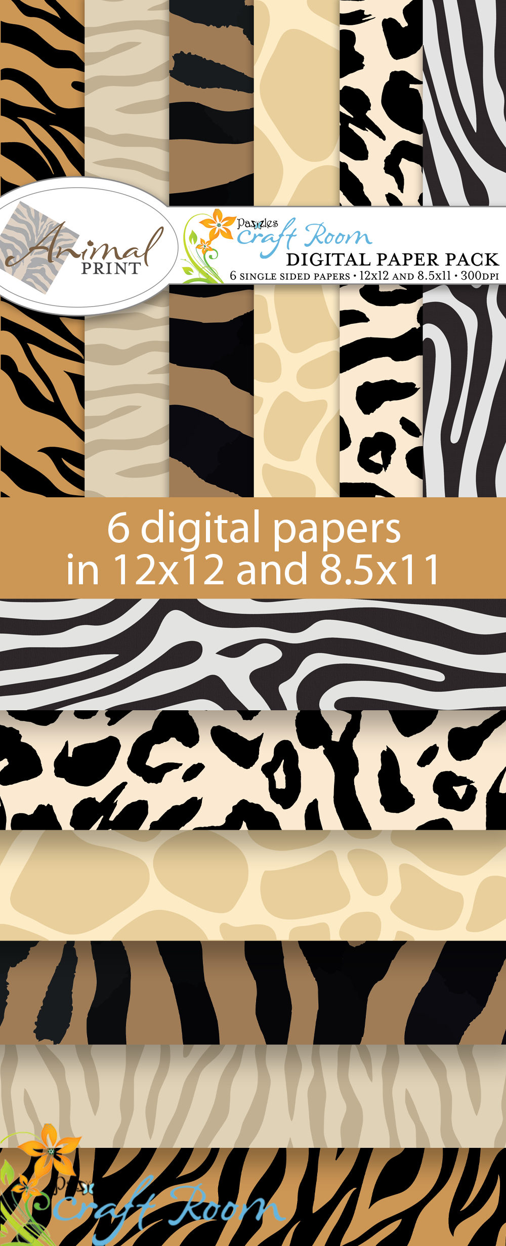 Pazzles Animal Print Digital Paper Pack with instant download.