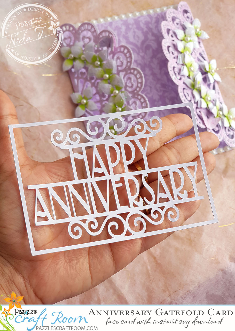 Pazzles DIY Anniversary Lace Gatefold Card by Nida Tanweer