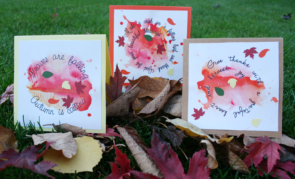 Autumn Leaves Spiral Text Ink Spot Cards