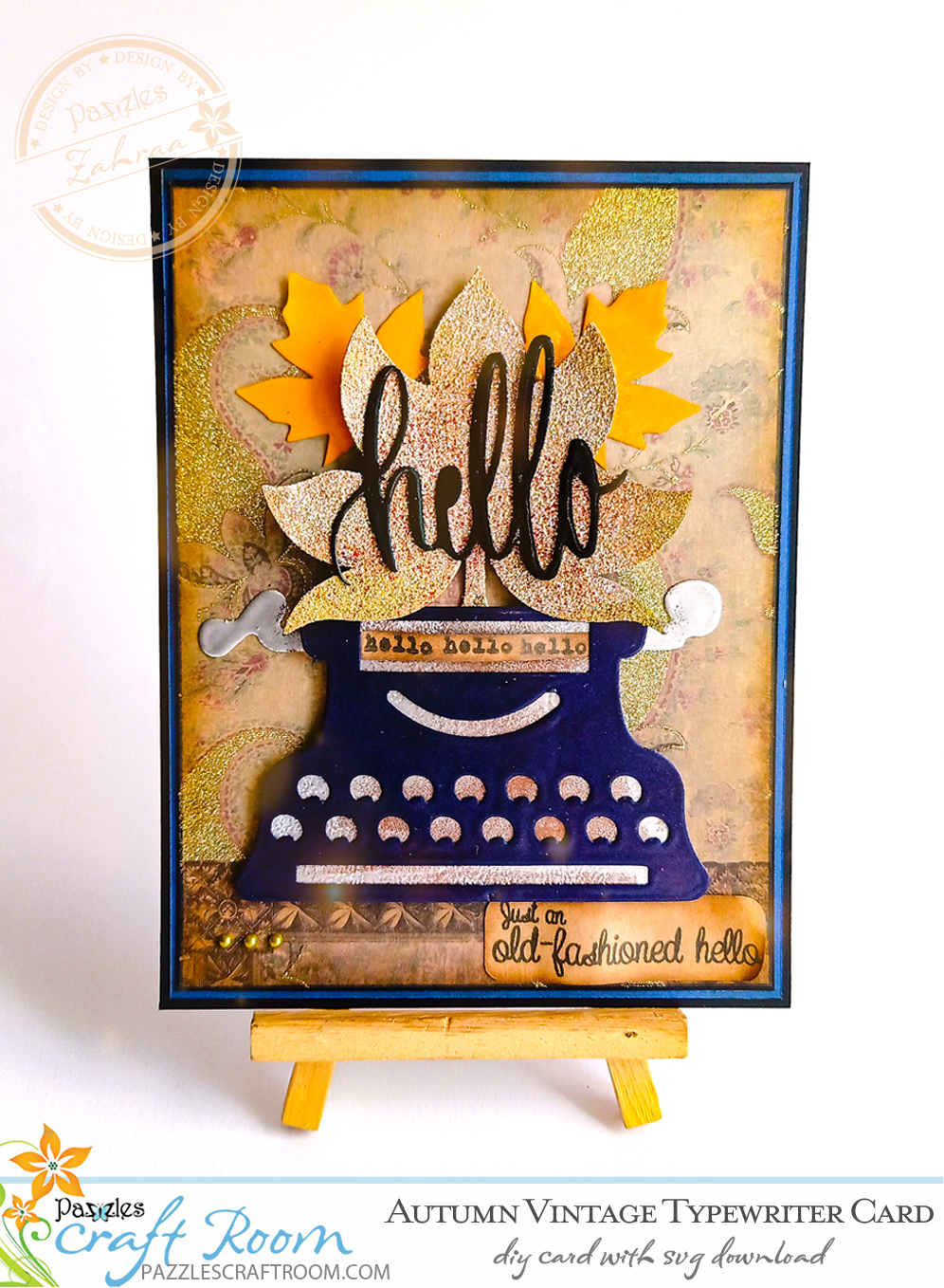 Pazzles DIY Autumn Vintage Typewriter Card with instant SVG download. Compatible with all major electronic cutters including Pazzles Inspiration, Cricut, and Silhouette Cameo. Design by Zahraa Darweesh.