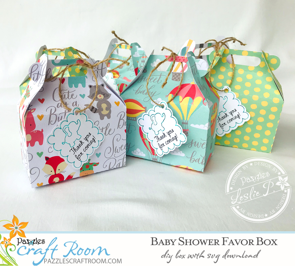 Pazzles DIY Baby Shower Favor Box with instant SVG download. Instant SVG download compatible with all major electronic cutters including Pazzles Inspiration, Cricut, and Silhouette Cameo. Design by Leslie Peppers.