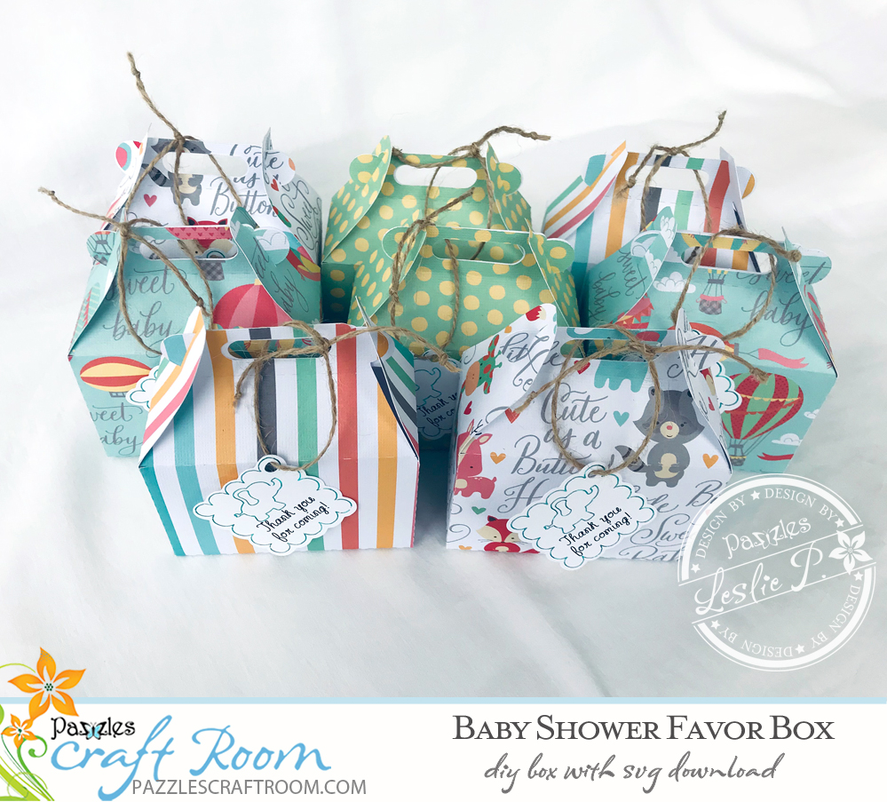 Pazzles DIY Baby Shower Favor Box with instant SVG download. Instant SVG download compatible with all major electronic cutters including Pazzles Inspiration, Cricut, and Silhouette Cameo. Design by Leslie Peppers.