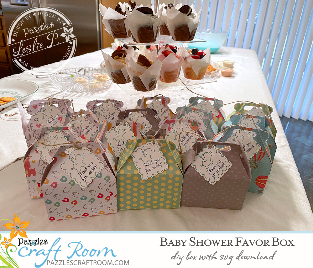 Pazzles DIY Baby Shower Favor Box with instant SVG download. Instant SVG download compatible with all major electronic cutters including Pazzles Inspiration, Cricut, and Silhouette Cameo. Design by Leslie Peppers.