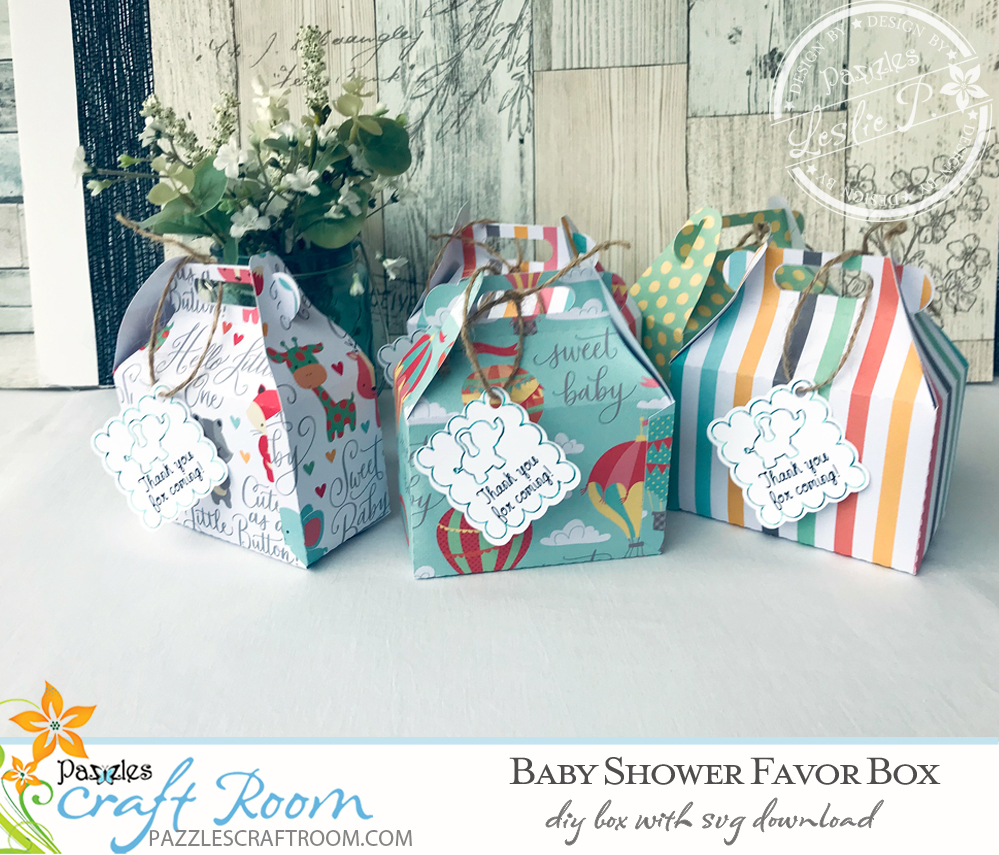 Pazzles DIY Baby Shower Favor Box with instant SVG download. Instant SVG download compatible with all major electronic cutters including Pazzles Inspiration, Cricut, and Silhouette Cameo. Design by Leslie Peppers.
