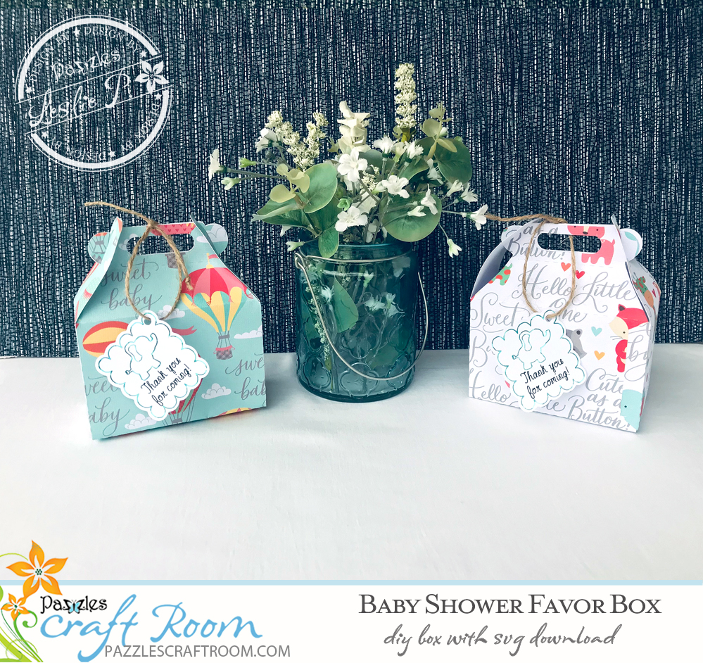 Pazzles DIY Baby Shower Favor Box with instant SVG download. Instant SVG download compatible with all major electronic cutters including Pazzles Inspiration, Cricut, and Silhouette Cameo. Design by Leslie Peppers.