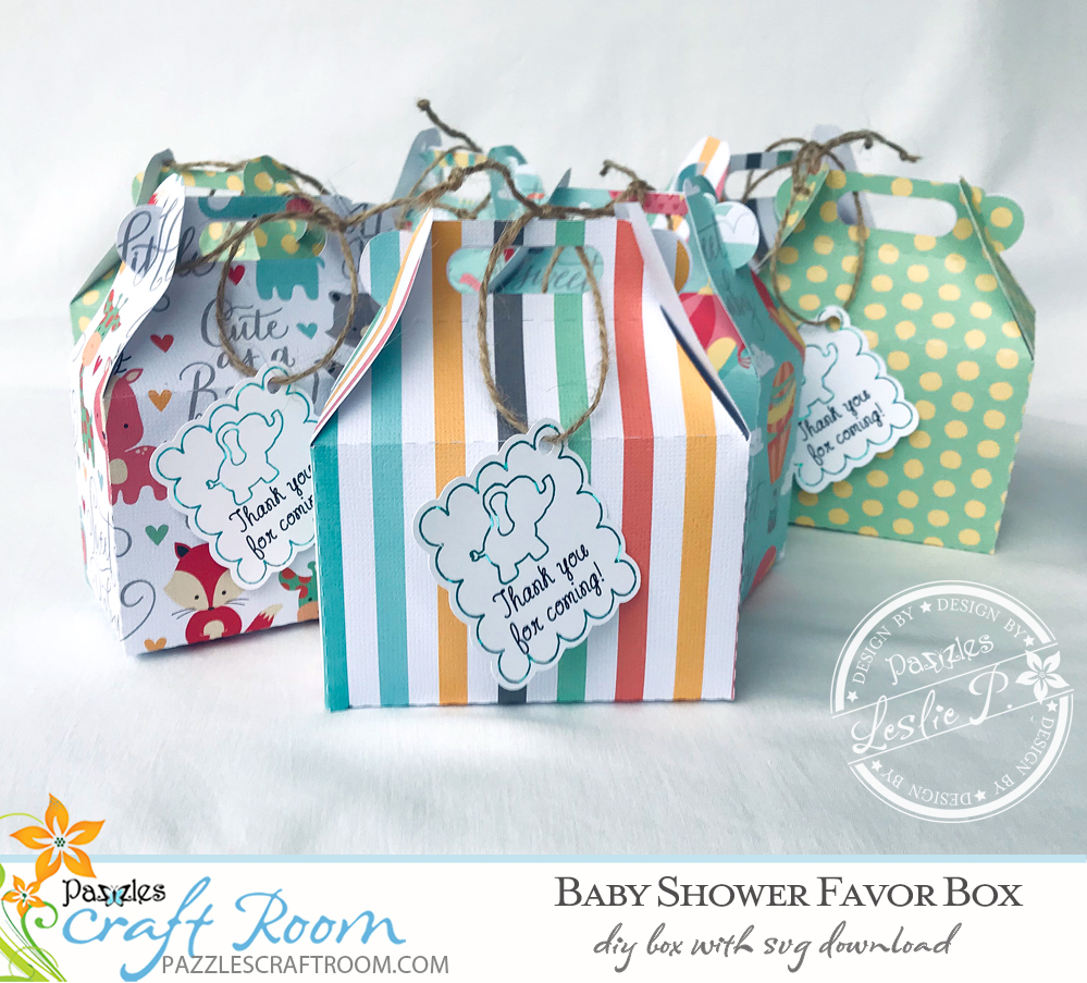 Pazzles DIY Baby Shower Favor Box with instant SVG download. Instant SVG download compatible with all major electronic cutters including Pazzles Inspiration, Cricut, and Silhouette Cameo. Design by Leslie Peppers.