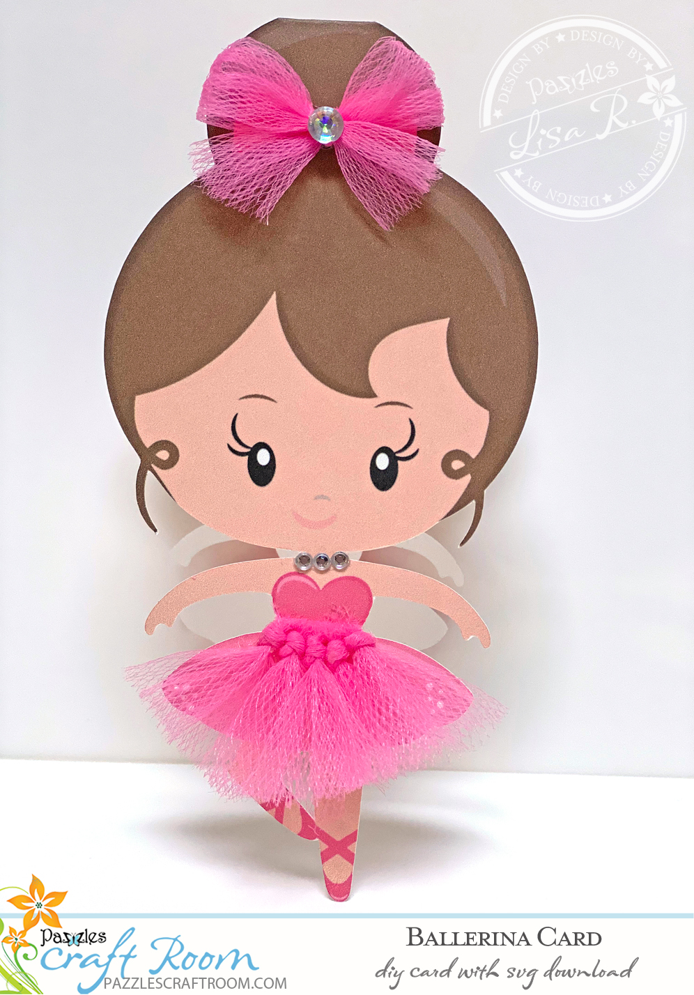 Pazzles DIY Ballerina Card with instant SVG download. Compatible with all major electronic cutters including Pazzles Inspiration, Cricut, Silhouette Cameo. Design by Lisa Reyna.