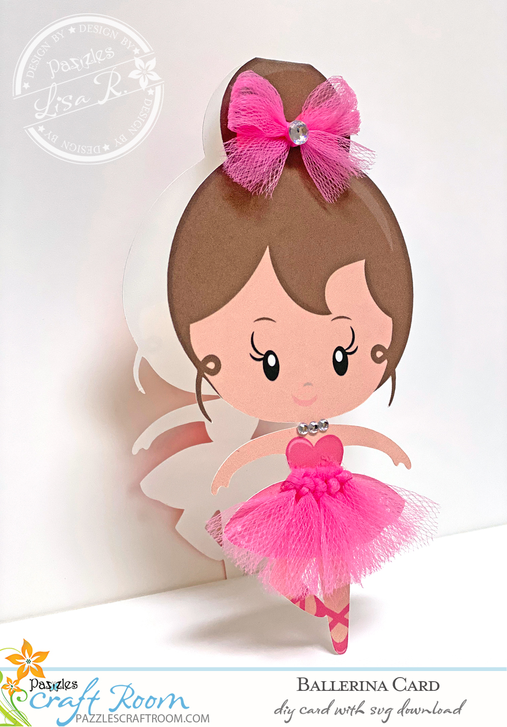 Pazzles DIY Ballerina Card with instant SVG download. Compatible with all major electronic cutters including Pazzles Inspiration, Cricut, Silhouette Cameo. Design by Lisa Reyna.