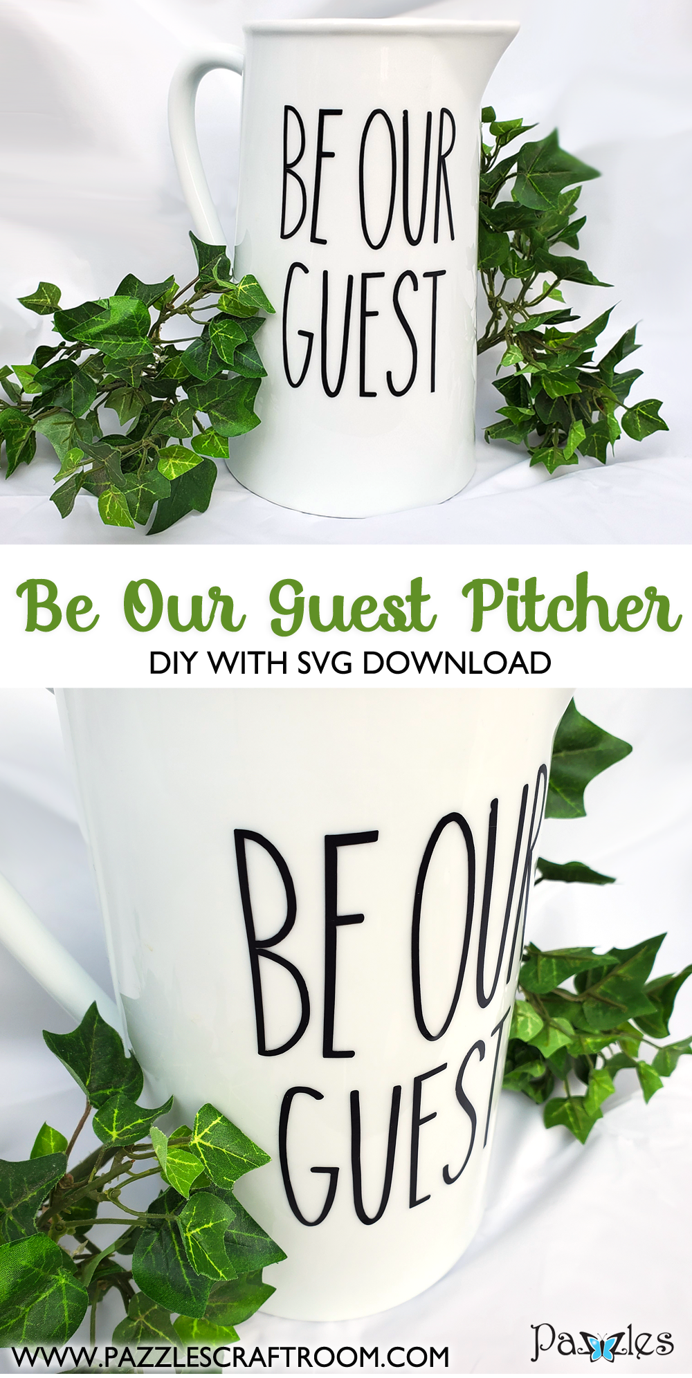 Pazzles DIY Be Our Guest Pitcher with instant SVG download. nstant SVG download compatible with all major electronic cutters including Pazzles Inspiration, Cricut, and Silhouette Cameo. Design by Renee Smart.