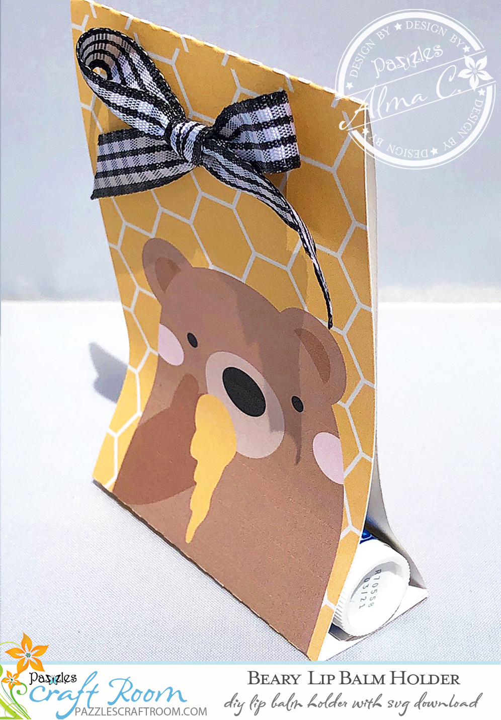 DIY Honey Bear Lip Balm Holder with instant SVG download. Compatible with all major electronic cutters including Pazzles Inspiration, Cricut, and Silhouette Cameo. Design by Alma Cervantes.