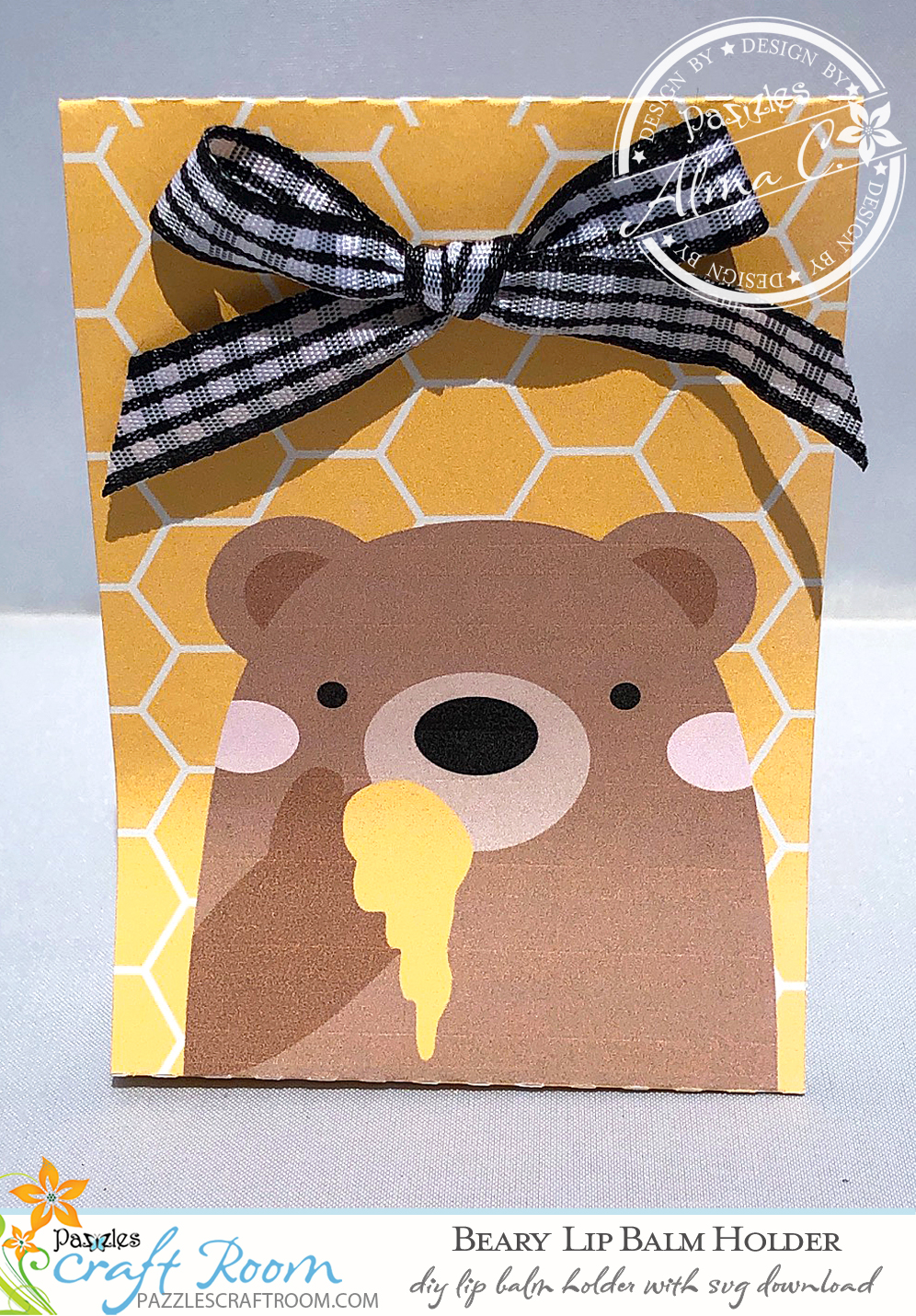 DIY Honey Bear Lip Balm Holder with instant SVG download. Compatible with all major electronic cutters including Pazzles Inspiration, Cricut, and Silhouette Cameo. Design by Alma Cervantes.