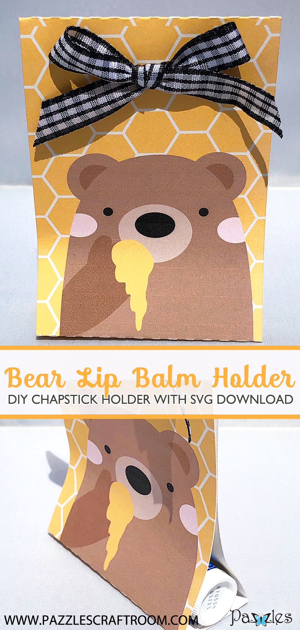 DIY Honey Bear Lip Balm Holder with instant SVG download. Compatible with all major electronic cutters including Pazzles Inspiration, Cricut, and Silhouette Cameo. Design by Alma Cervantes.