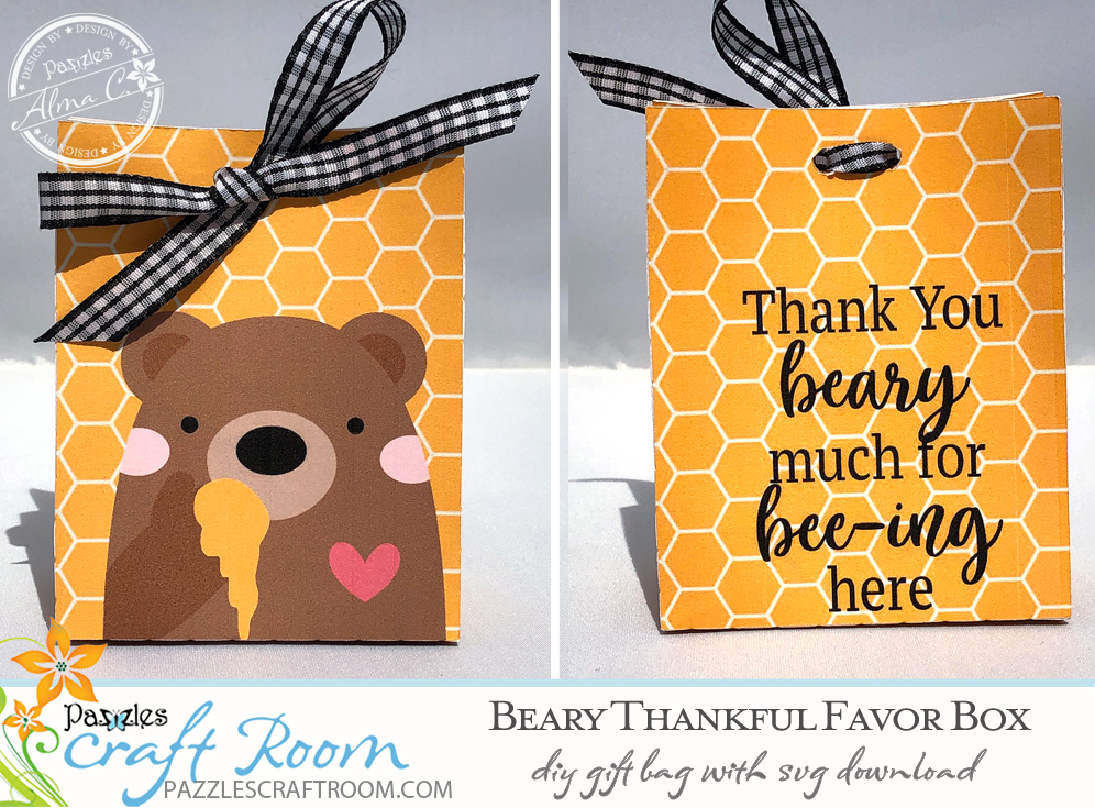Pazzles DIY Beary Thankful Favor Box with instant SVG download. Compatible with all major electronic cutters including Pazzles Inspiration, Cricut, and Silhouette Cameo. Design by Alma Cervantes.