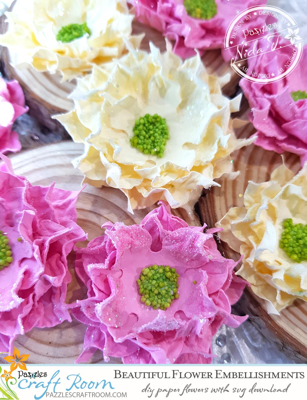 Pazzles DIY Paper Flower Embellishments with instant SVG download. Compatible with all major electronic cutters including Pazzles Inspiration, Cricut, and Silhouette Cameo. Design by Nida Tanweer.