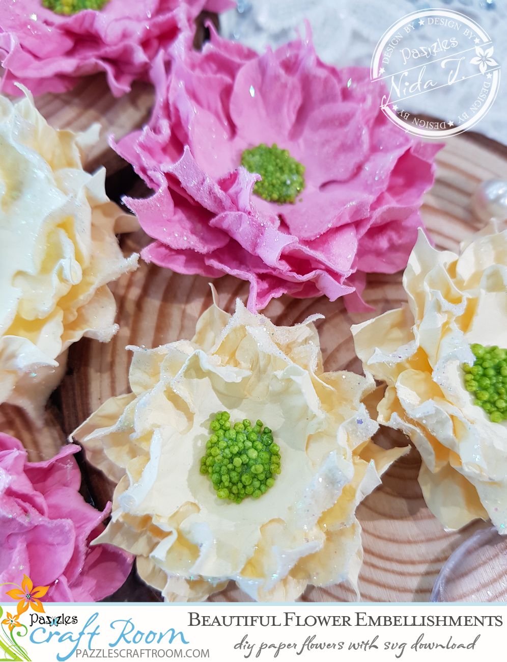 Pazzles DIY Paper Flower Embellishments with instant SVG download. Compatible with all major electronic cutters including Pazzles Inspiration, Cricut, and Silhouette Cameo. Design by Nida Tanweer.