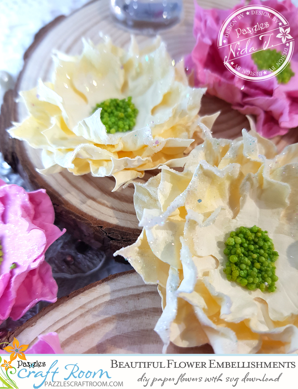 Pazzles DIY Paper Flower Embellishments with instant SVG download. Compatible with all major electronic cutters including Pazzles Inspiration, Cricut, and Silhouette Cameo. Design by Nida Tanweer.