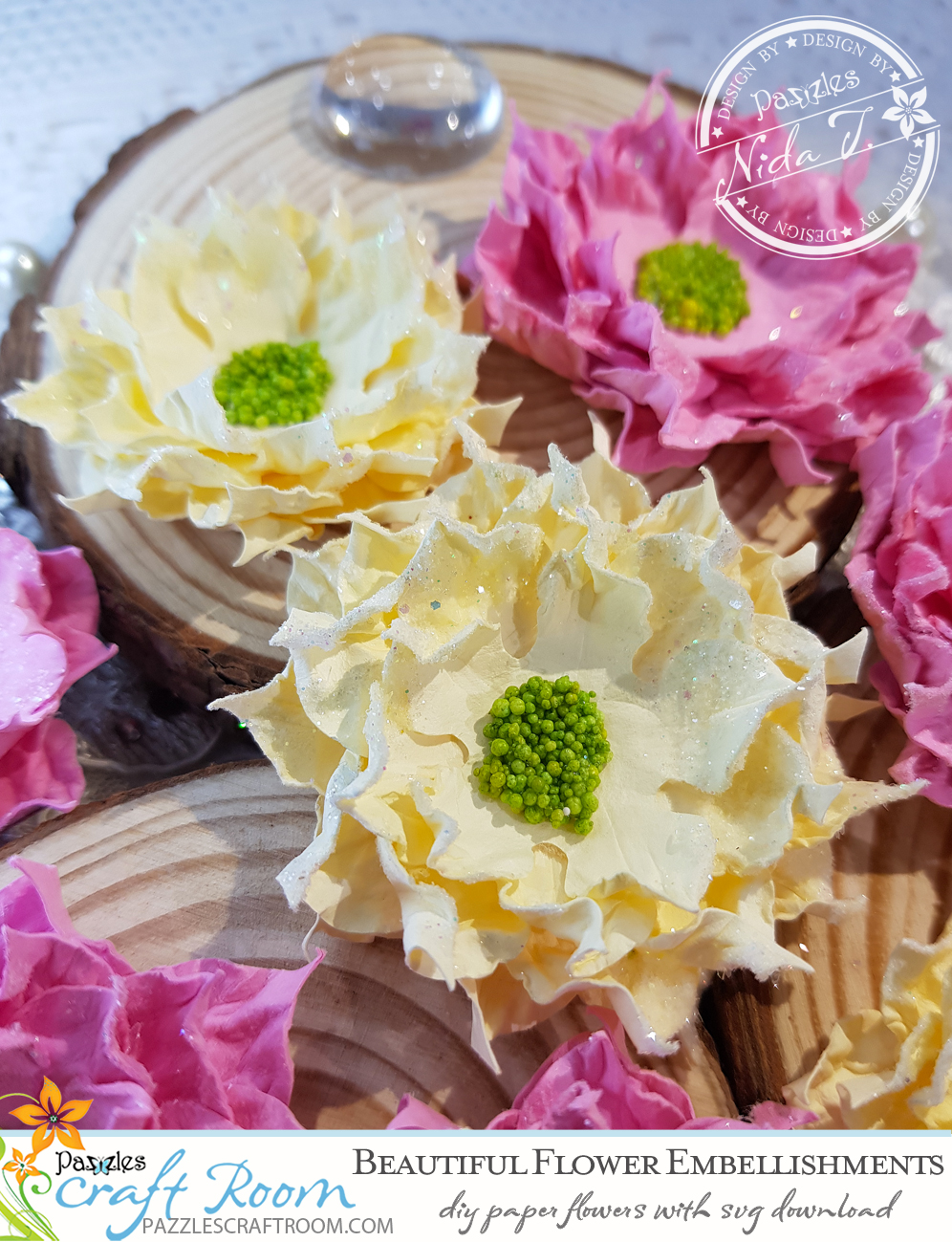 Pazzles DIY Paper Flower Embellishments with instant SVG download. Compatible with all major electronic cutters including Pazzles Inspiration, Cricut, and Silhouette Cameo. Design by Nida Tanweer.