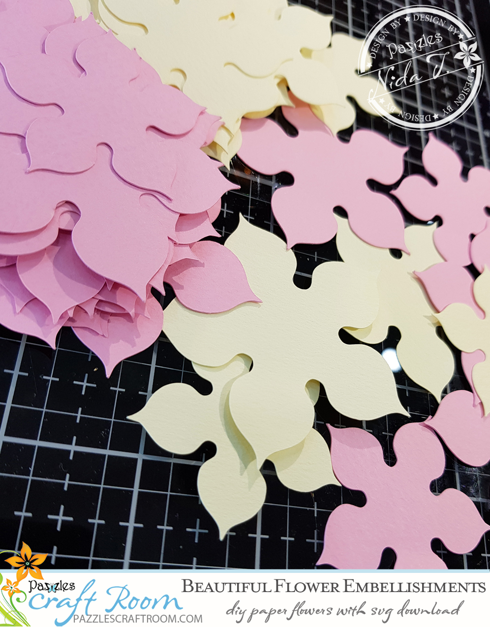 Pazzles DIY Paper Flower Embellishments with instant SVG download. Compatible with all major electronic cutters including Pazzles Inspiration, Cricut, and Silhouette Cameo. Design by Nida Tanweer.