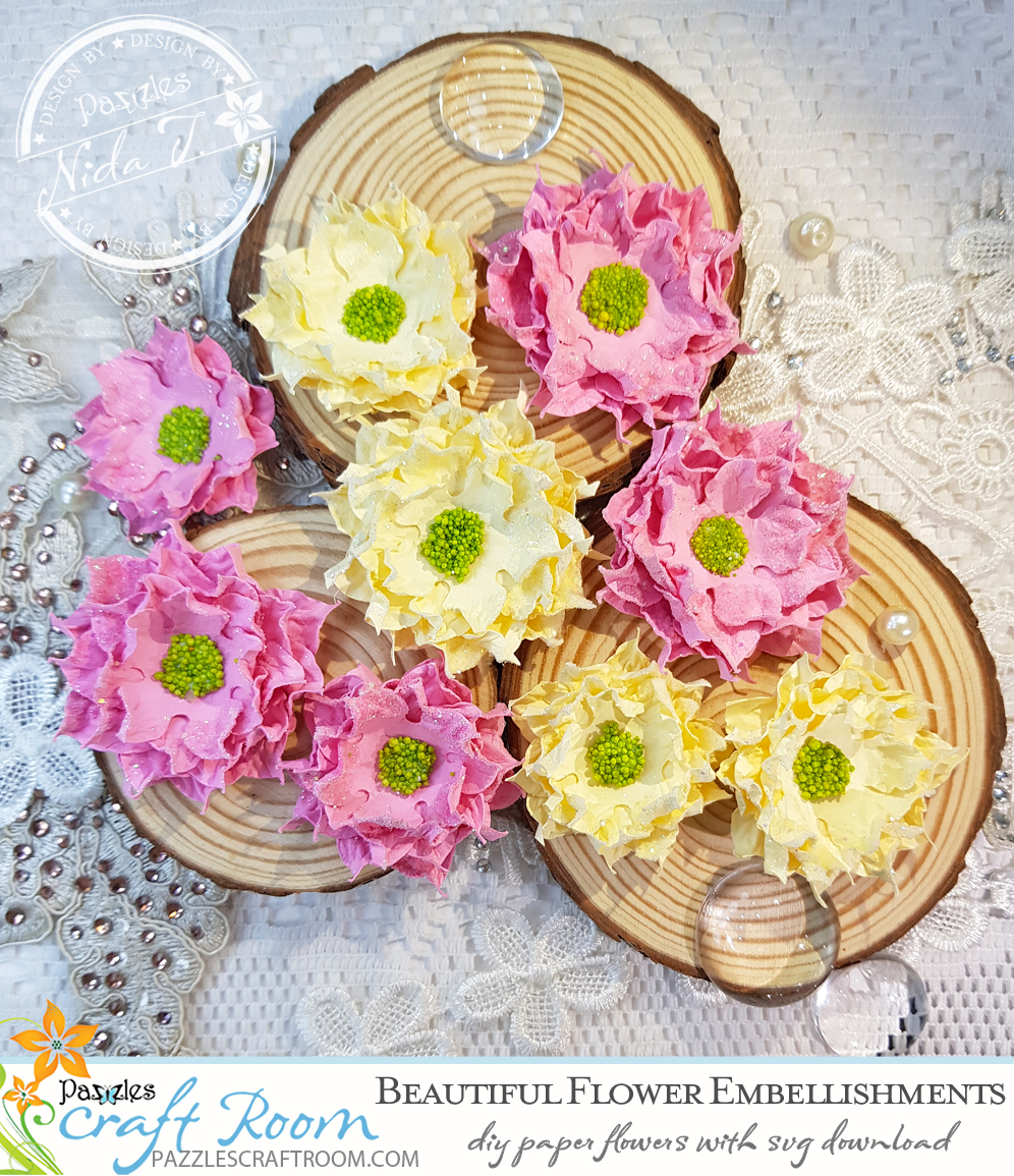 Pazzles DIY Paper Flower Embellishments with instant SVG download. Compatible with all major electronic cutters including Pazzles Inspiration, Cricut, and Silhouette Cameo. Design by Nida Tanweer.