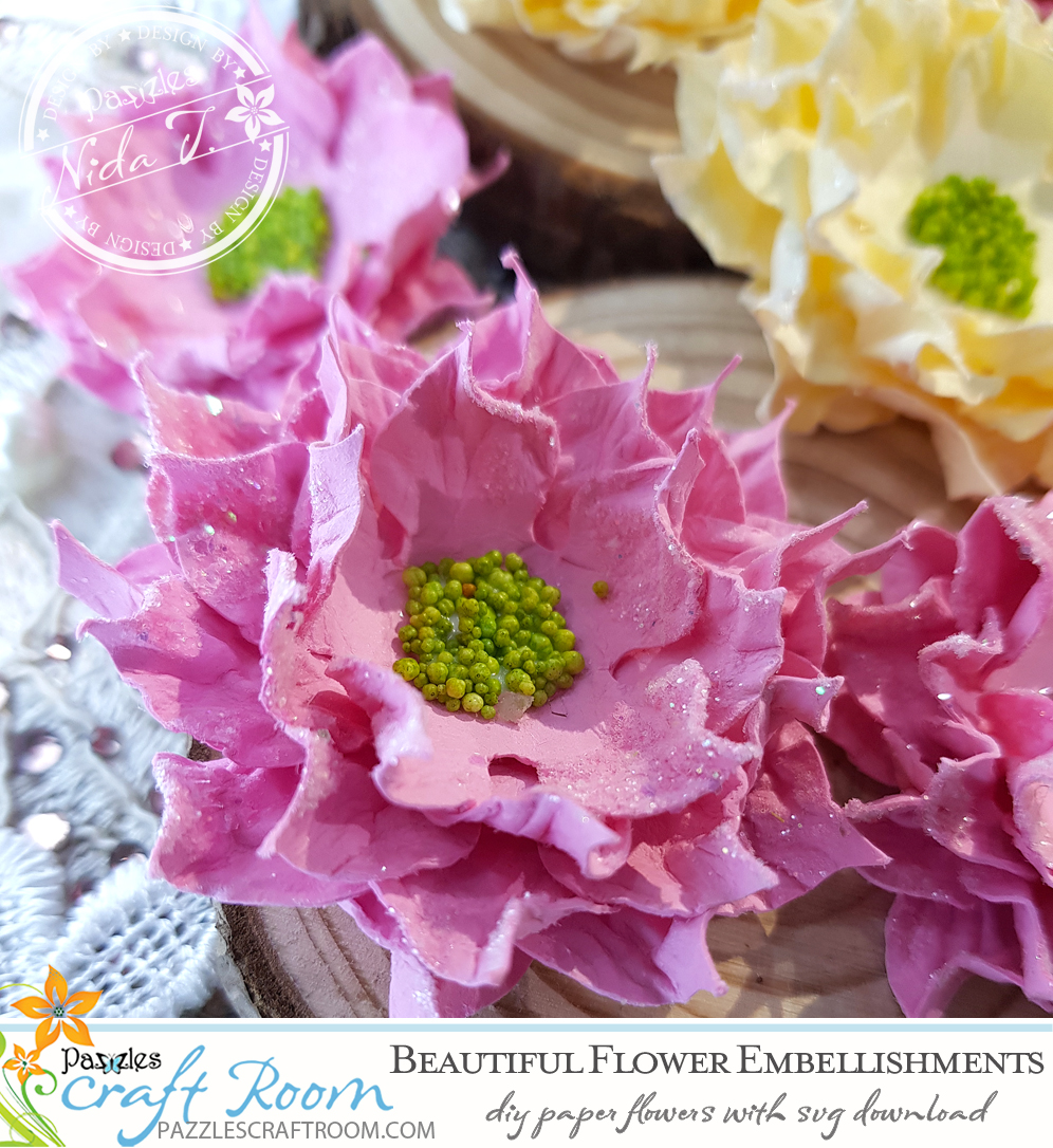 Pazzles DIY Paper Flower Embellishments with instant SVG download. Compatible with all major electronic cutters including Pazzles Inspiration, Cricut, and Silhouette Cameo. Design by Nida Tanweer.