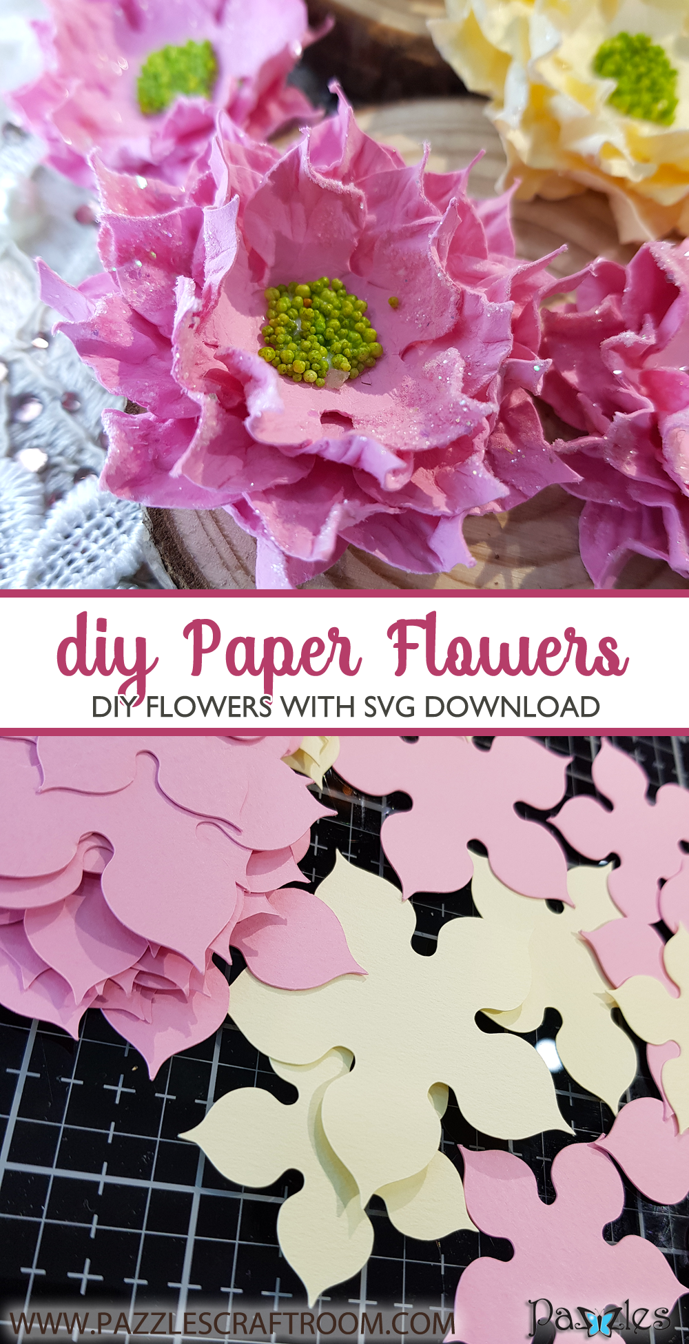 Pazzles DIY Paper Flower Embellishments with instant SVG download. Compatible with all major electronic cutters including Pazzles Inspiration, Cricut, and Silhouette Cameo. Design by Nida Tanweer.