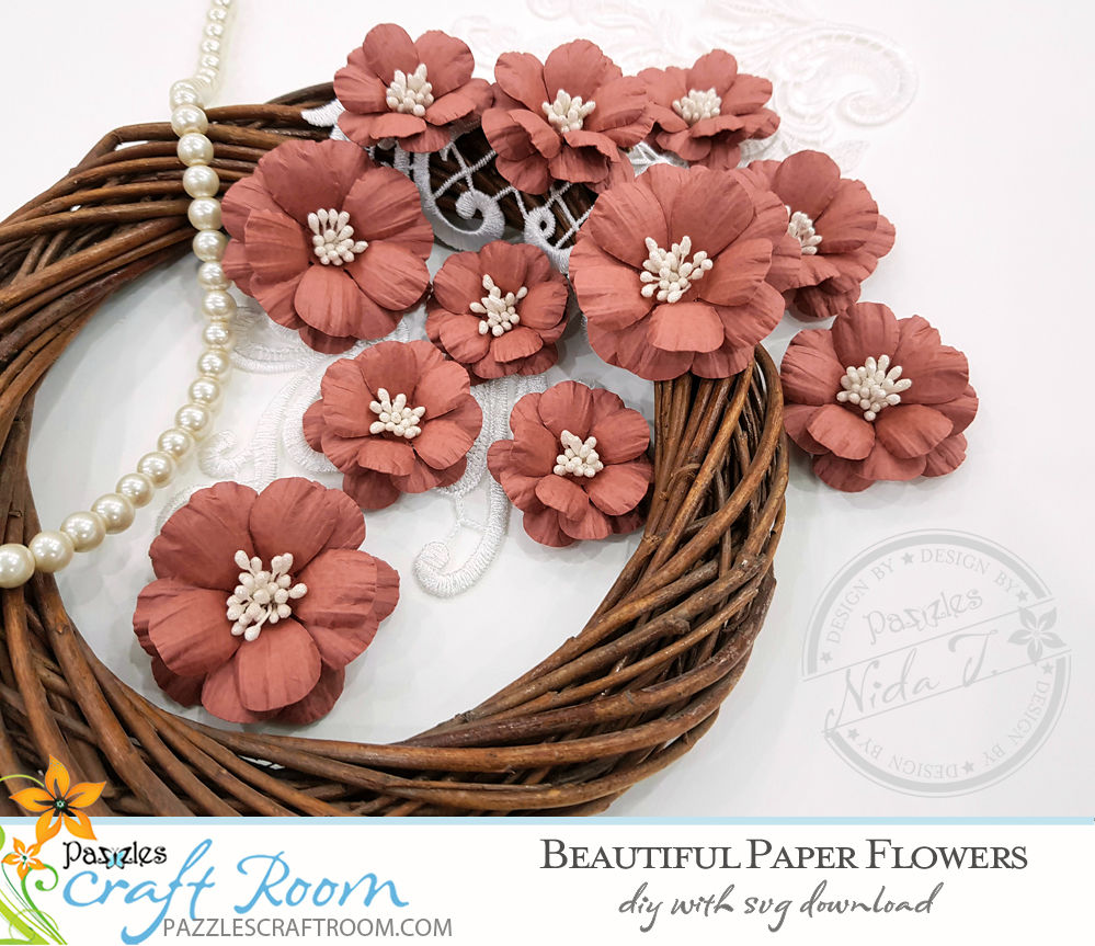 Pazzles DIY Beautiful Paper Flowers with instant SVG download. Instant SVG download compatible with all major electronic cutters including Pazzles Inspiration, Cricut, and Silhouette Cameo. Design by Nida Tanweer.