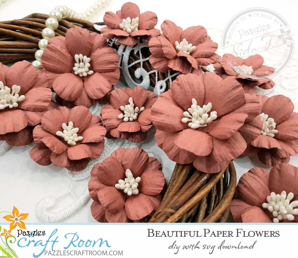 Pazzles DIY Beautiful Paper Flowers with instant SVG download. Instant SVG download compatible with all major electronic cutters including Pazzles Inspiration, Cricut, and Silhouette Cameo. Design by Nida Tanweer.