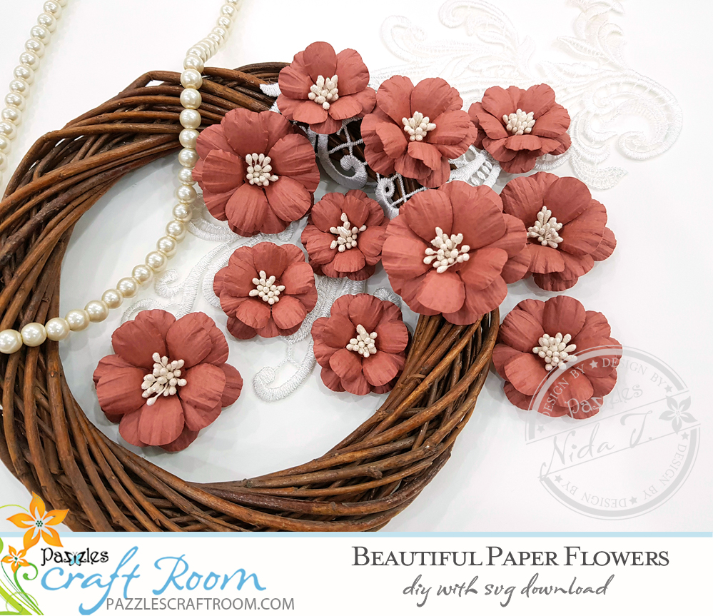 Pazzles DIY Beautiful Paper Flowers with instant SVG download. Instant SVG download compatible with all major electronic cutters including Pazzles Inspiration, Cricut, and Silhouette Cameo. Design by Nida Tanweer.